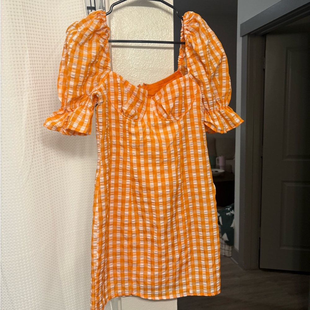 Orange Gingham Puff Sleeve Dress